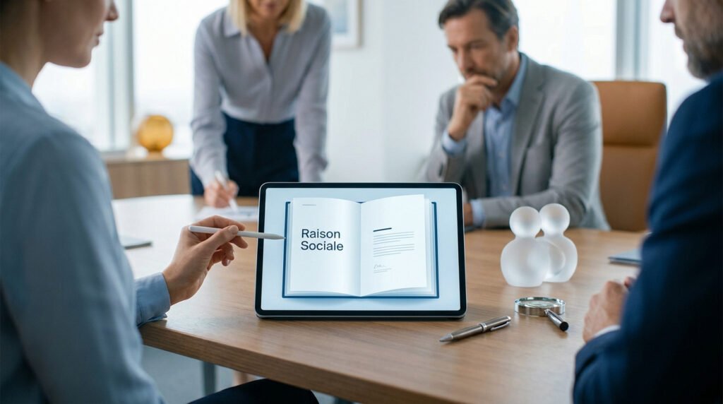 Une équipe en réunion examinant une tablette numérique affichant le texte « Raison sociale » sur une page de livre.