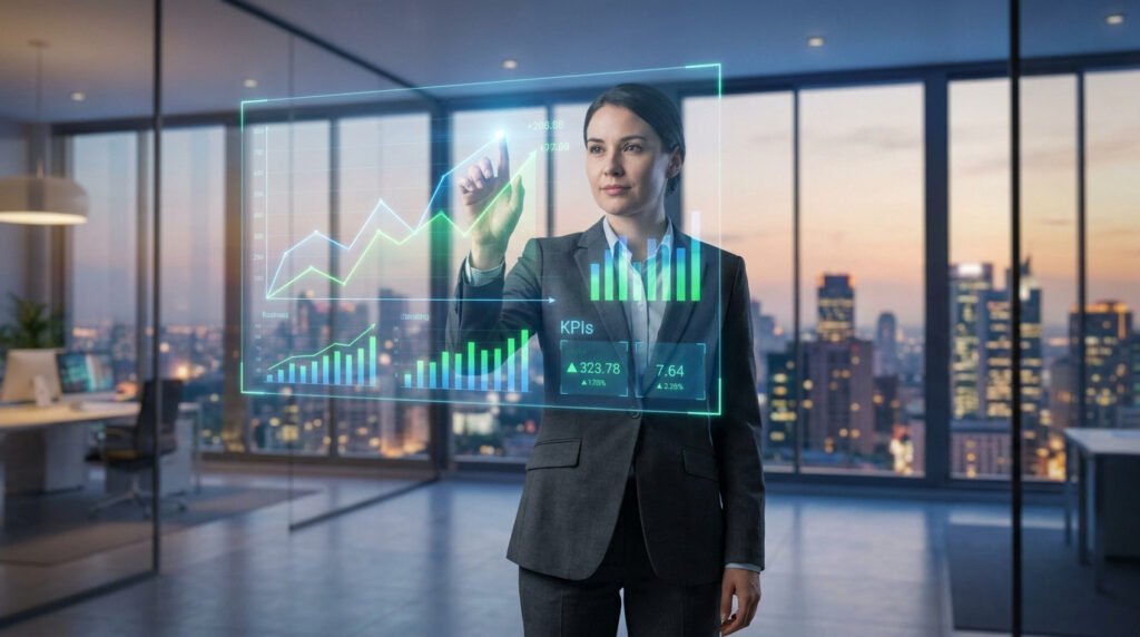 Une femme d'affaires en costume interagissant avec un écran holographique affichant des graphiques de performance financière.