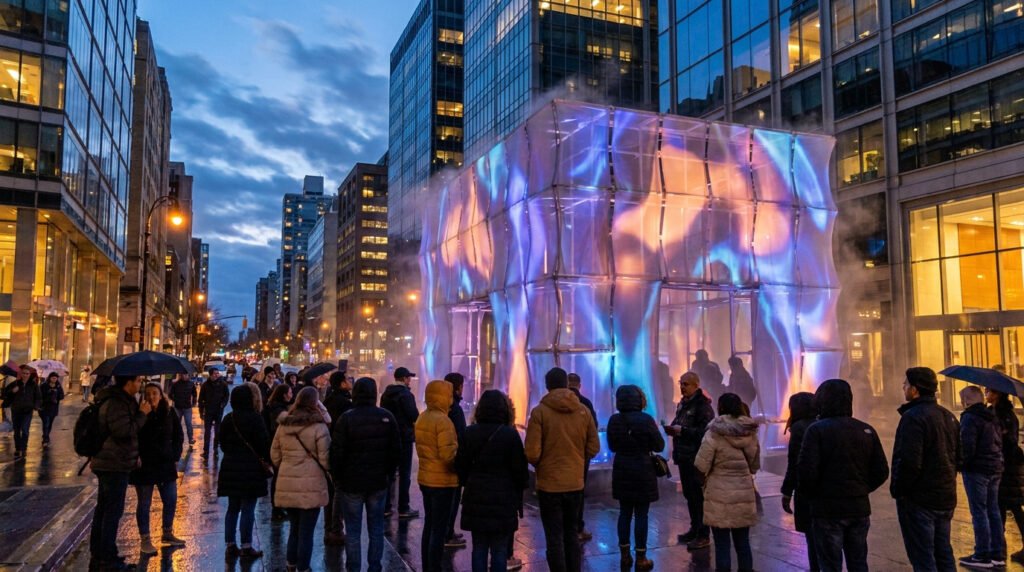Foule admirant une installation cubique lumineuse et brumeuse au milieu d'une rue bordée de gratte-ciels sous la pluie.