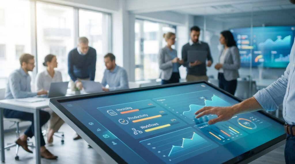 Collaborateurs en réunion analysant des données sur un écran tactile interactif dans un bureau moderne.