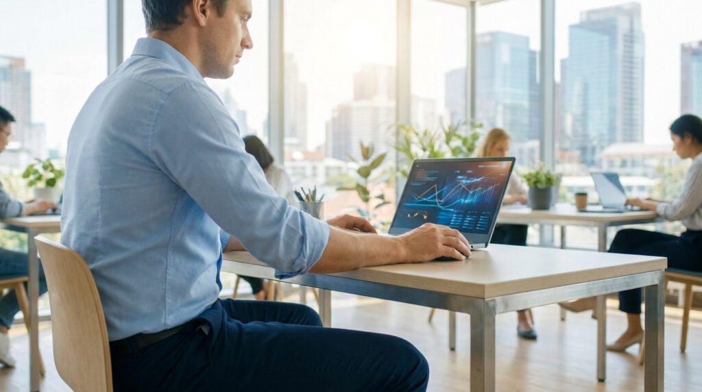 Un homme d'affaires travaille sur son ordinateur portable affichant des graphiques dans un bureau lumineux et moderne.